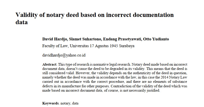 alidity Of Notary Deed Based On Incorrect Documentation Data karya David Hardjo