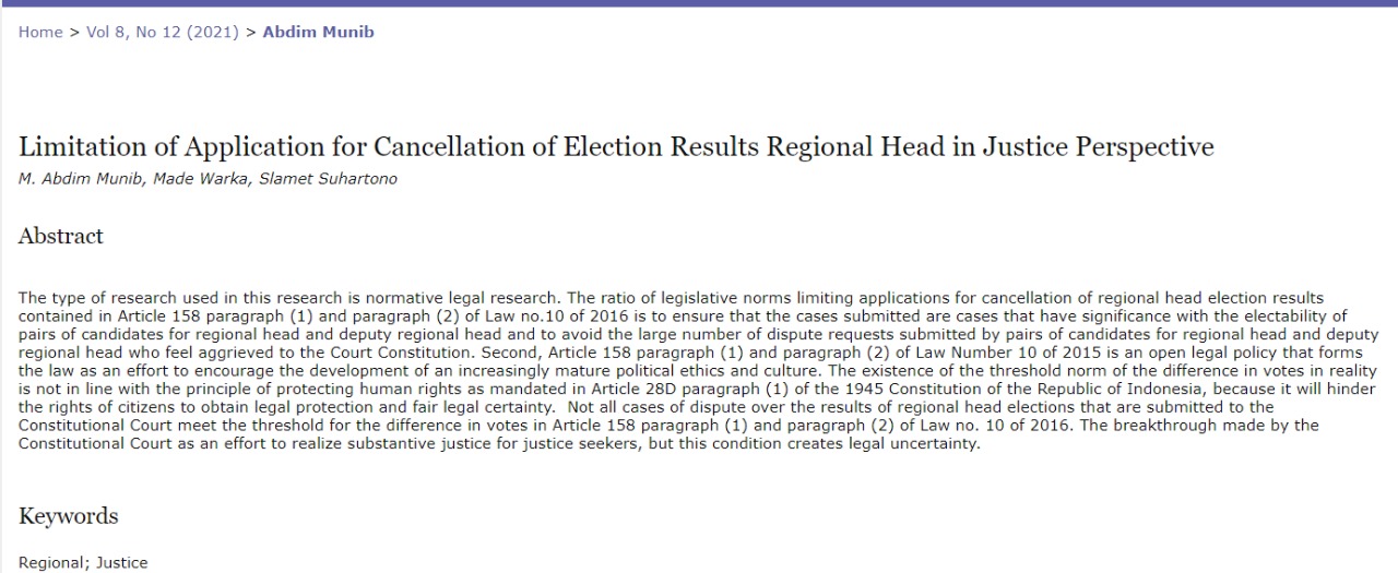 Limitation of Application for Cancellation of Election Results Regional Head karya M. Abdim Munib