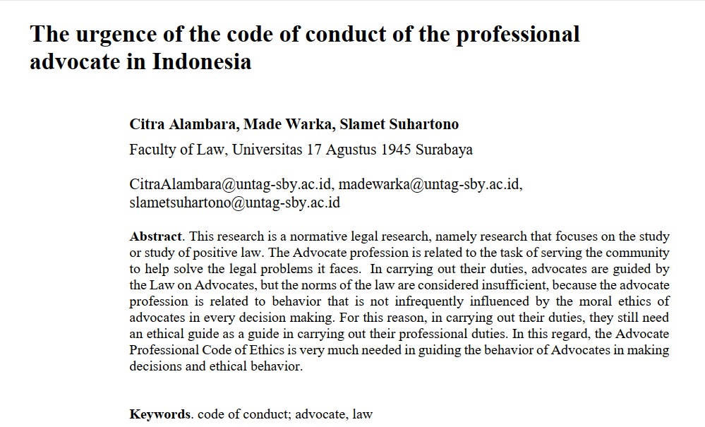 The urgence of the code of conduct of the professional advocate in Indonesia karya Citra Alambara 