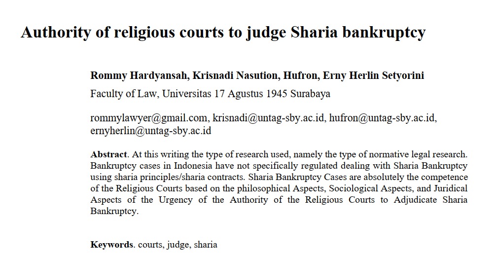 Authority of religious courts to judge Sharia bankruptcy karya Rommy Hardyansah 