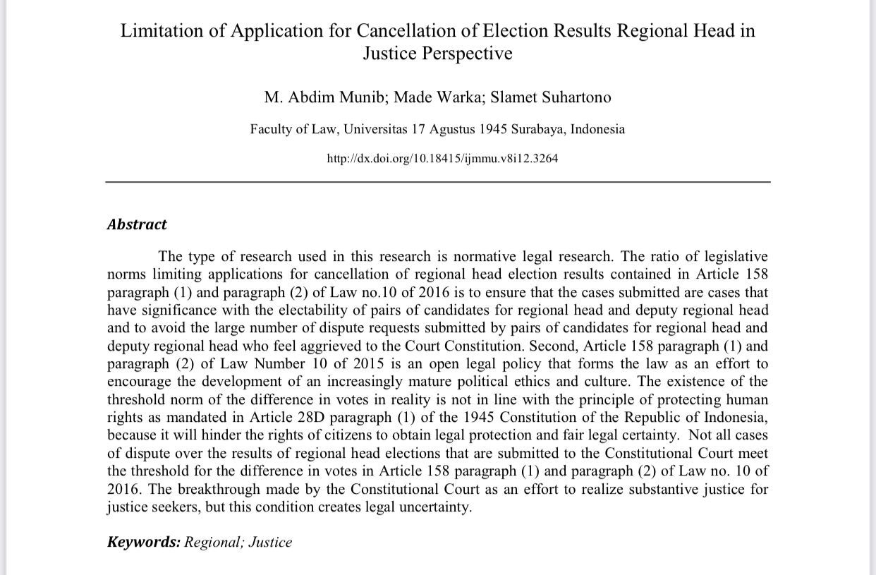 Limitation of Application for Cancellation of Election Results Regional Head karya  M Abdim Munib
