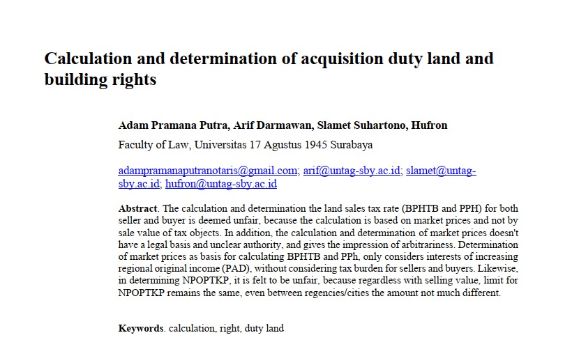 Calculation and determination of acquisition duty land and building rights Karya Adam Pramana Putra