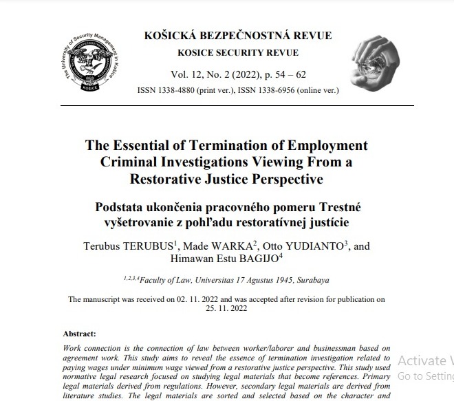 The Essential of Termination of Employment Criminal Investigations Viewing From a Restorative Justic