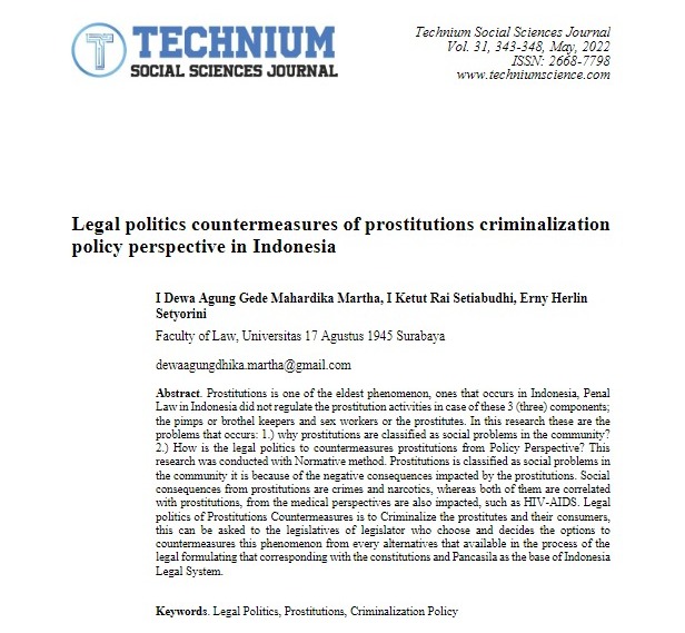 Legal politics countermeasures of prostitutionscriminalization policy perspective in Indonesia 