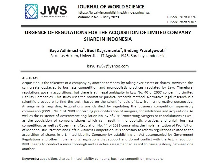 URGENCE OF REGULATIONS FOR THE ACQUISITION OF LIMITED COMPANY SHARE IN INDONESIA Karya Bayu A