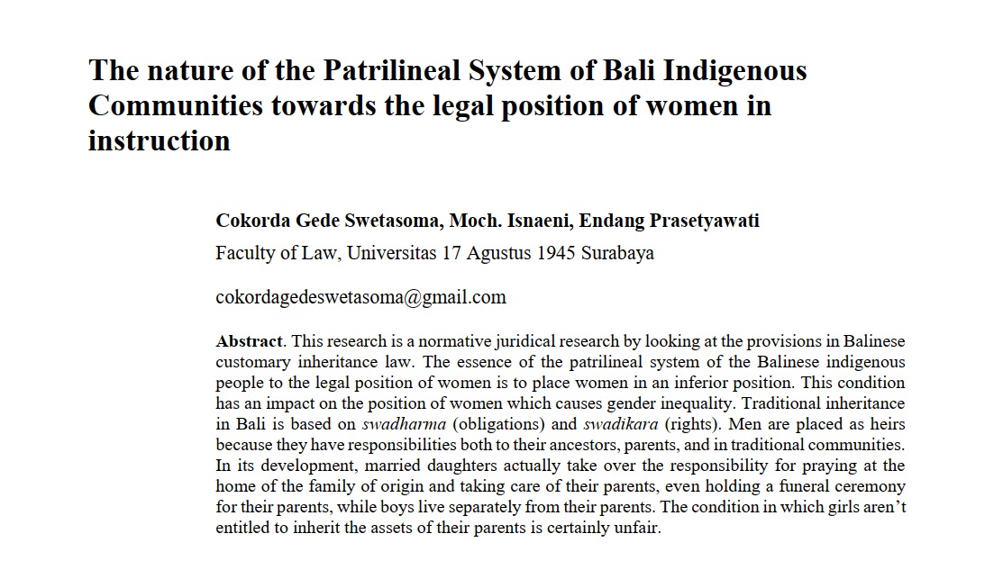 The nature of the Patrilineal System of Bali Indigenous Communities towards  karya Cokorda Gede Swet
