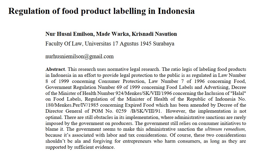 Regulation Of Food Product Labelling In Indonesia karya Nur Husni Emilson