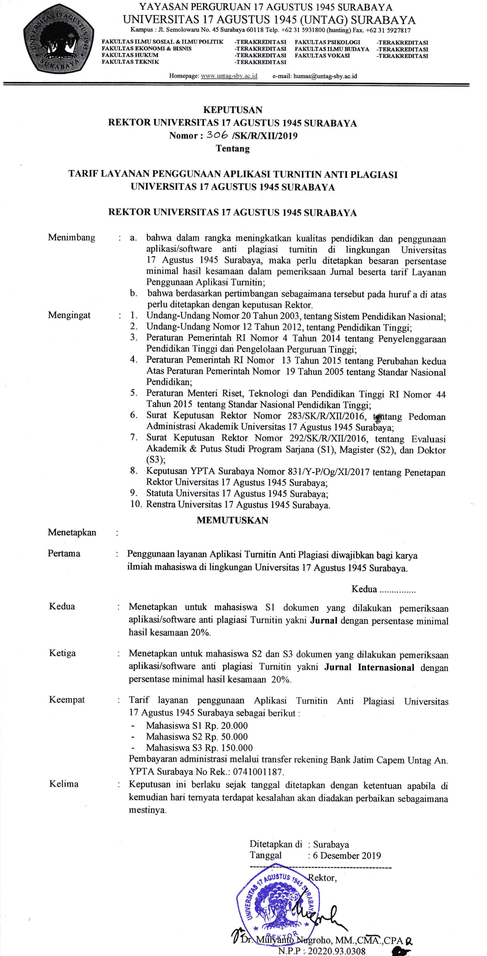 Tarif Layanan Penggunaan Aplikasi Turnitin Anti Plagiasi UNTAG Surabaya (dicabut)