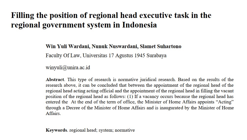 Filling The Position Of Regional Head Executive Task In The Regional Government System In Indonesia 