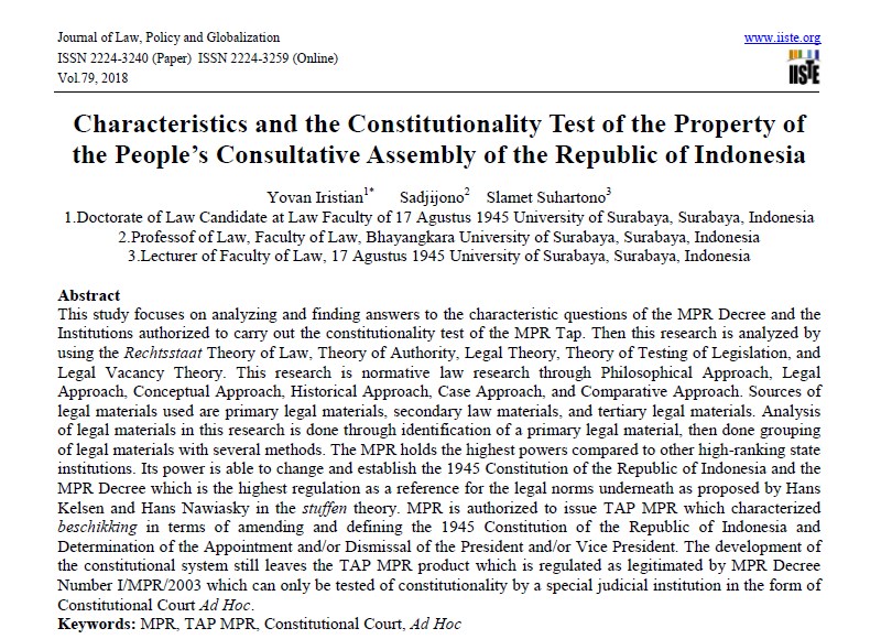 Characteristics and the Constitutionality Test Dan Yovan Iristian