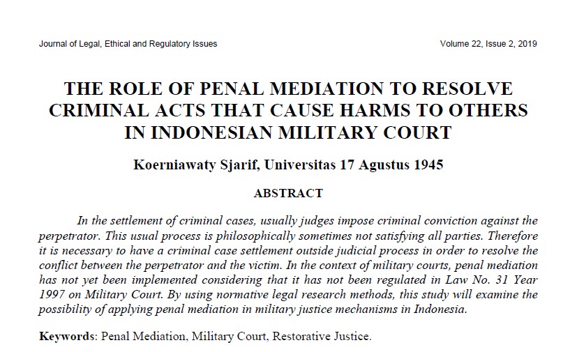 Koerniawaty Sjarif Dan The Role Of Penal Mediation