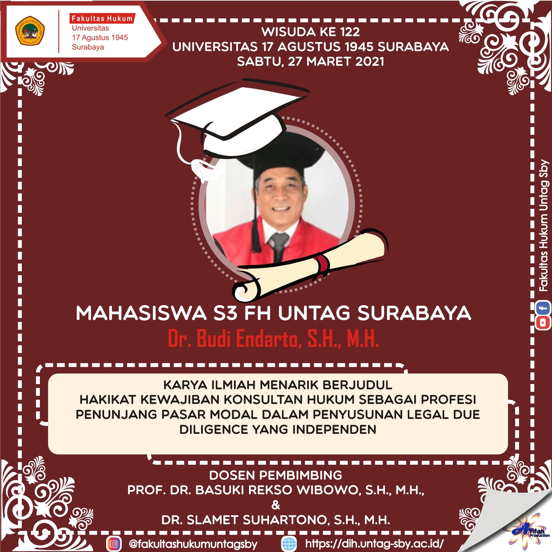 Mahasiswa S3 FH Untag Surabaya Dr. Budi Endarto, S.H., M.H. Mendapat Predikat Karya Ilmiah Menarik