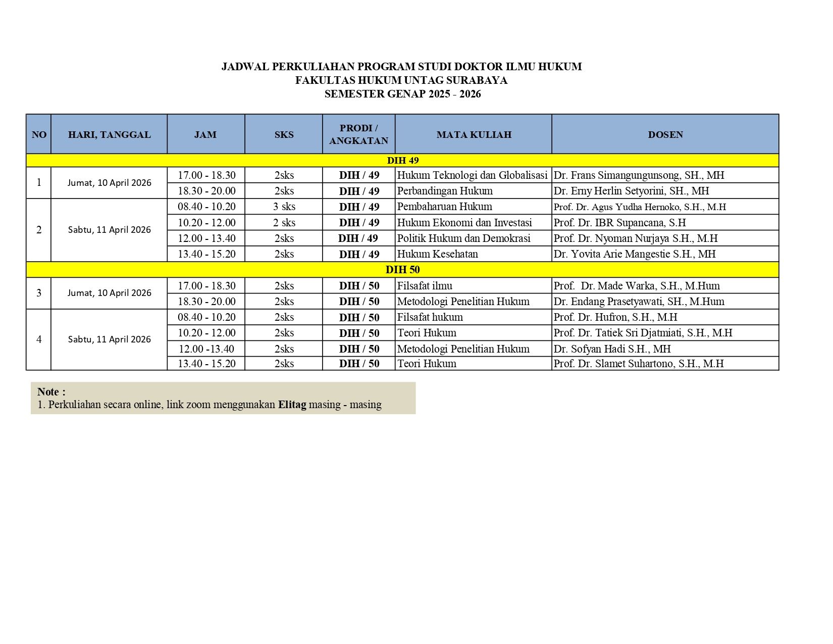 Jadwal Perkuliahan Program Studi Doktor Ilmu Hukum - Minggu ke-4