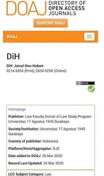 DiH: Jurnal Ilmu Hukum Dan DOAJ