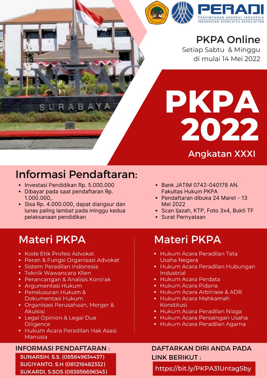 Pendaftaran Pendidikan Khusus Profesi Advokat (PKPA) Online Angkatan XXXI Fakultas Hukum UNTAG Sby