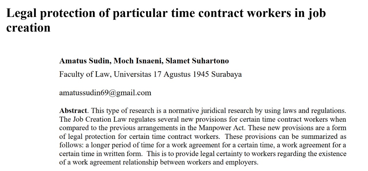 Legal protection of particular time contract workers in job creation Karya Amatus Sudin