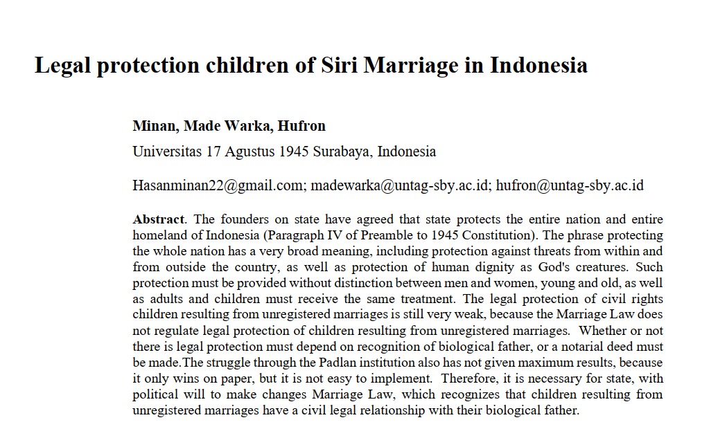 Legal protection children of Siri Marriage in Indonesia karya Minan