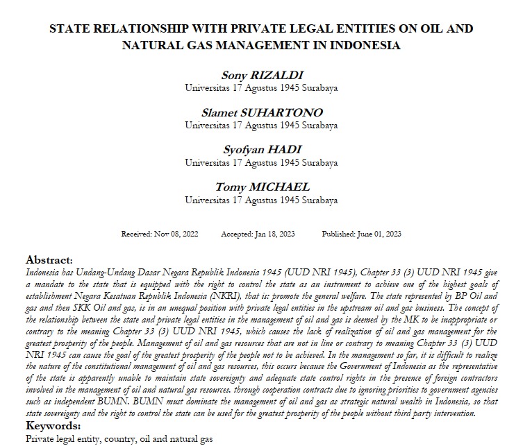 State Relationship with Private Legal Entities on Oil and Natural Gas Management in Indonesia 