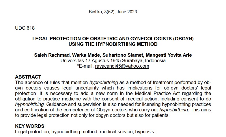 Legal Protection of Obstetric and Gynecologists (Obgyn) Using the Hypnobirthing Method