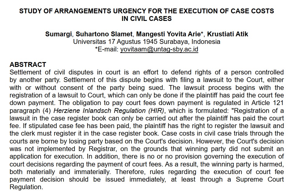 Study Of Arrangements Urgency For The Execution Of Case Costs In Civil Cases 