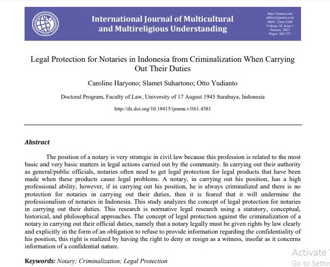 Legal Protection for Notaries in Indonesia from Criminalization When Carrying Out Their Duties