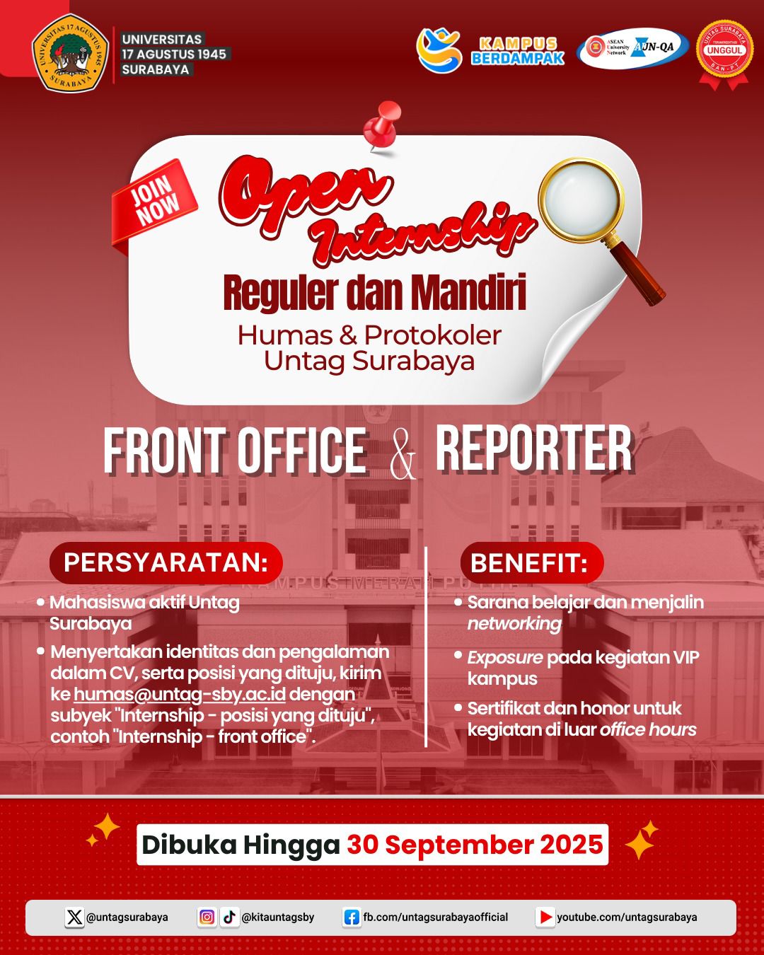 Open Internship Reguler dan Mandiri Humas & Protokoler UNTAG Surabaya