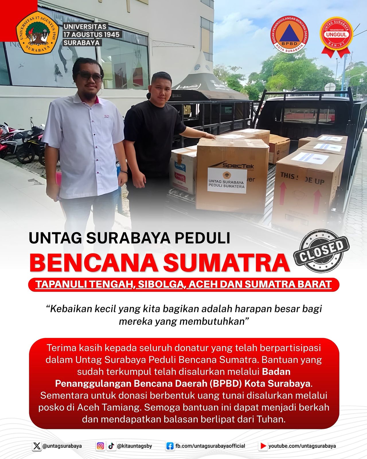 UNTAG Surabaya Peduli Bencana Sumatra