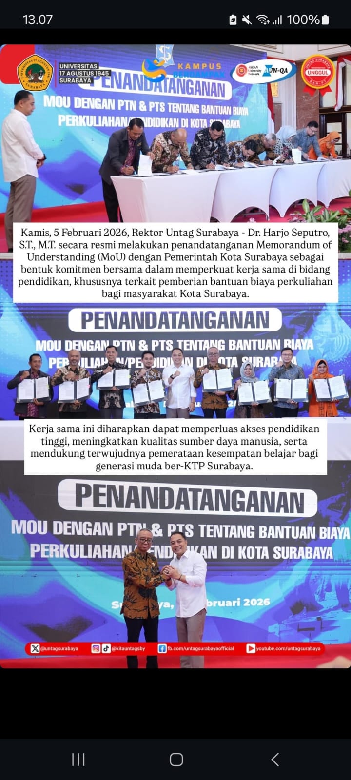 Penandatanganan MoU DENGAN PTN & PTS tentang Bantuan Biaya Perkuliahan Pendidikan di Kota Surabaya