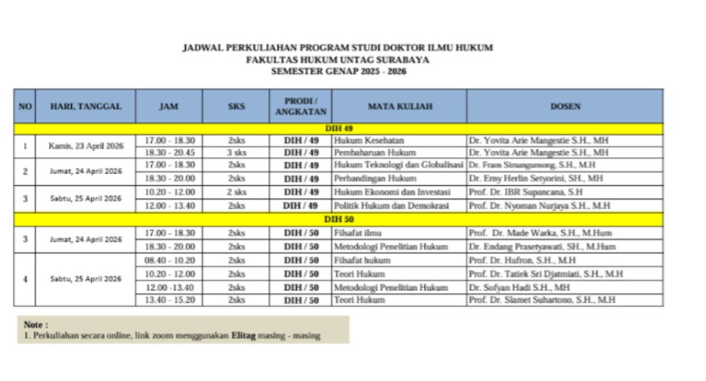 Jadwal Perkuliahan Program Studi Doktor Ilmu Hukum - Minggu ke-7
